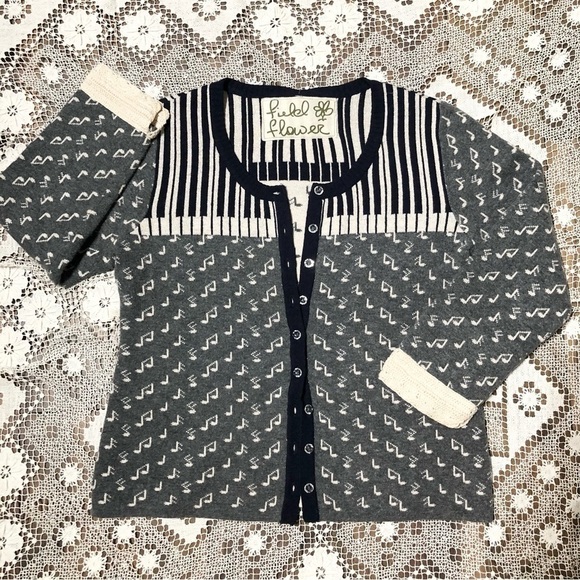 ANTHROPOLOGIE Field & Flower piano music note cardigan sweater cottagecore - Picture 2 of 9